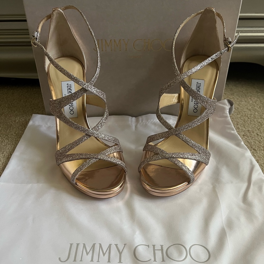 BRAND NEW W TAGS Jimmy Choo “Marianne” Rose Gold/“Tea Rose” Strappy Heels